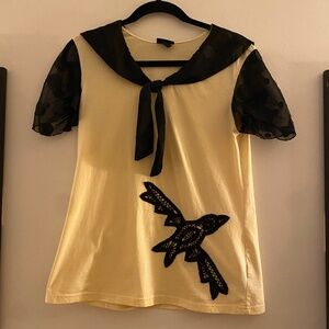ANNA SUI Large Cream Blouse with Black Sleeve and Neck Lace